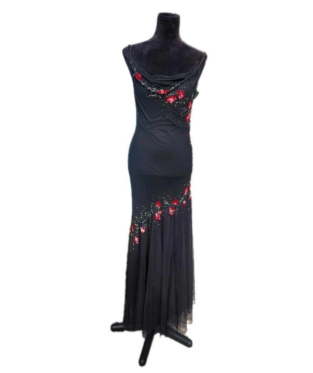 Vtg Xscape Black Silk Beaded Foral Mermaid Maxi Slip Fairy Dress Cowl Neck 12
